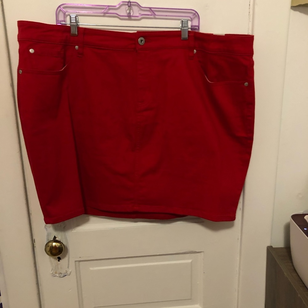 Red denim mini skirt
